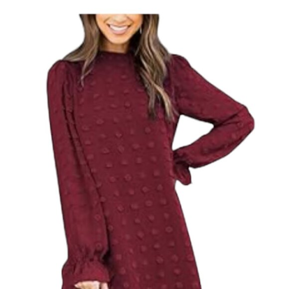 Adibosy Burgundy Ruffle Mock Neck Chiffon Lined Mini Dress Long Sleeve Plus 2XL - Picture 1 of 12